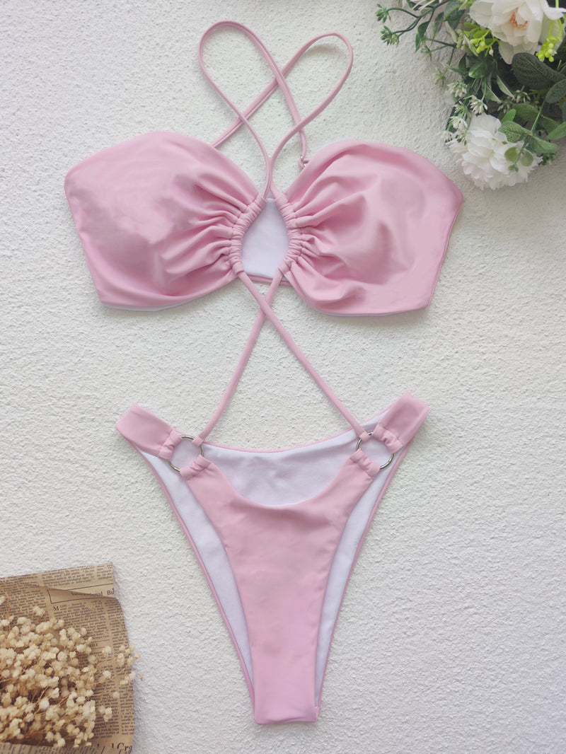 Solid Sexy Hollow Bandage One Piece Swimsuit CASF 6342