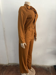 Solid Color Tie Up Bow Wide Leg Jumpsuit OSM 4496