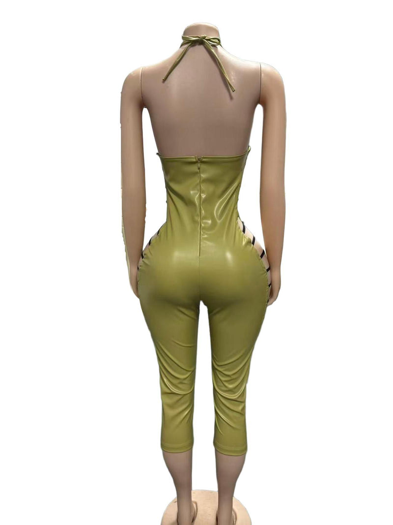 Sexy Backless PU Leather Bandage Jumpsuit Without Headscarf GFCF 1452