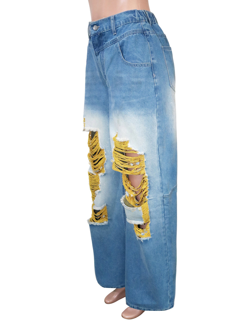 Denim Print Holes Contrast Color Wide Leg Pants Without Belt SH 391662