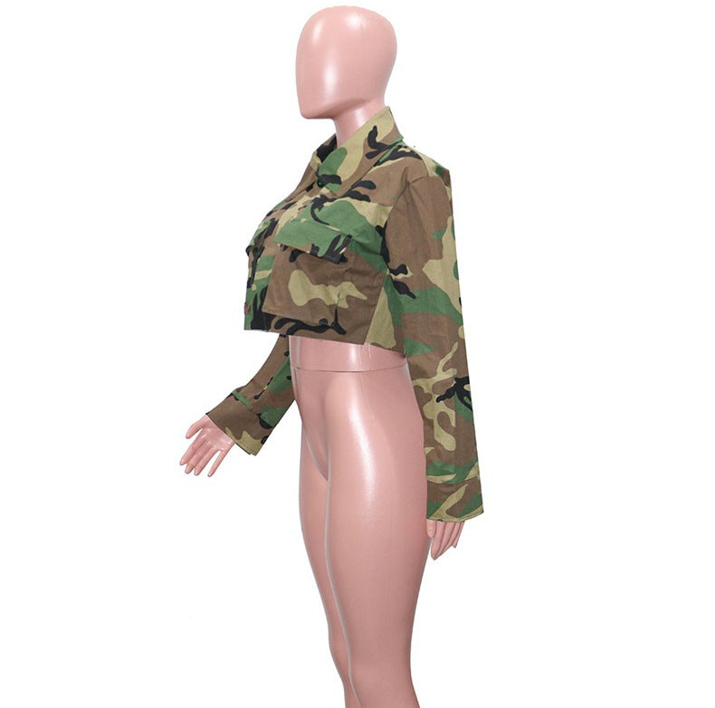 Camouflage Print Lapel Neck Short Coats SH 390421
