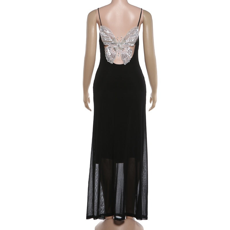 V Neck Butterfly Backless Sling Maxi Dress XEF K6D09083A