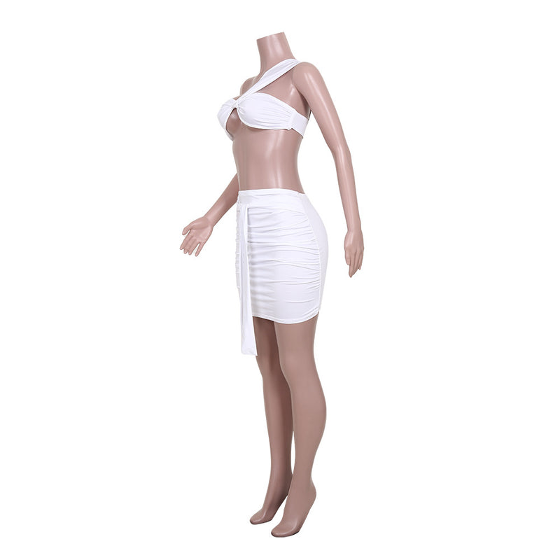 Solid Color Ruched One Shoulder Top And Skirt Two Piece Set JZHF 8028