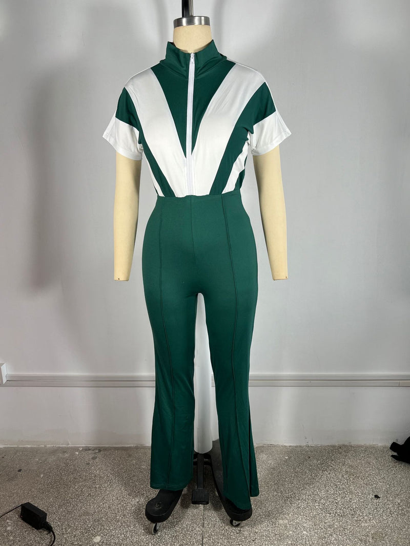Lapel Zipper Patchwork Flare Jumpsuit TE 4737