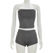 Stripe Wrap Chest Top Two Piece Shorts Set GDSF D26ST116