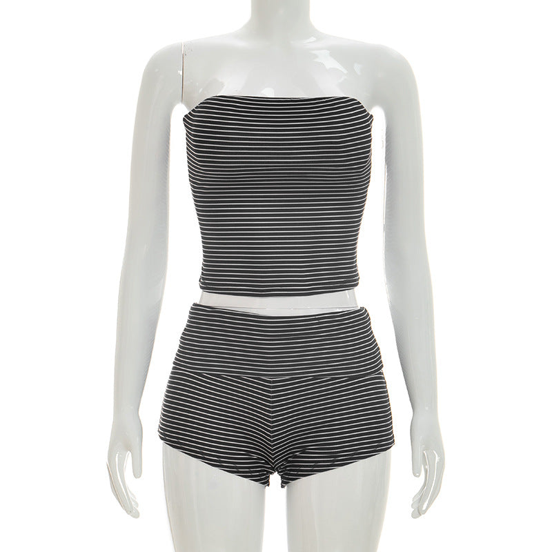 Stripe Wrap Chest Top Two Piece Shorts Set GDSF D26ST116