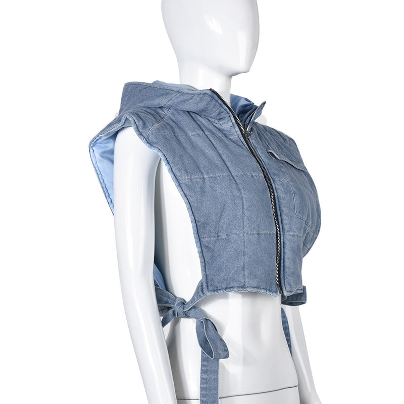 Denim Hollow Out Straps Hooded Vest GBTF 9124