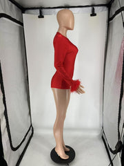 Feather Splicing Long Sleeve Backless Romper QXLB 10099