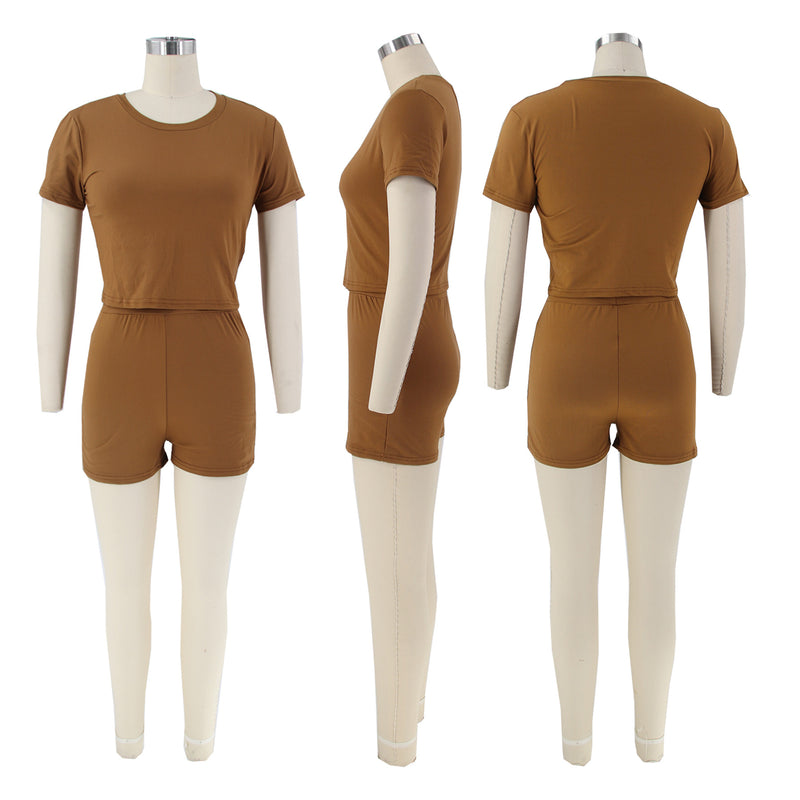 Casual Solid Sport Short Sleeve Shorts Two Piece Set SFY 2305