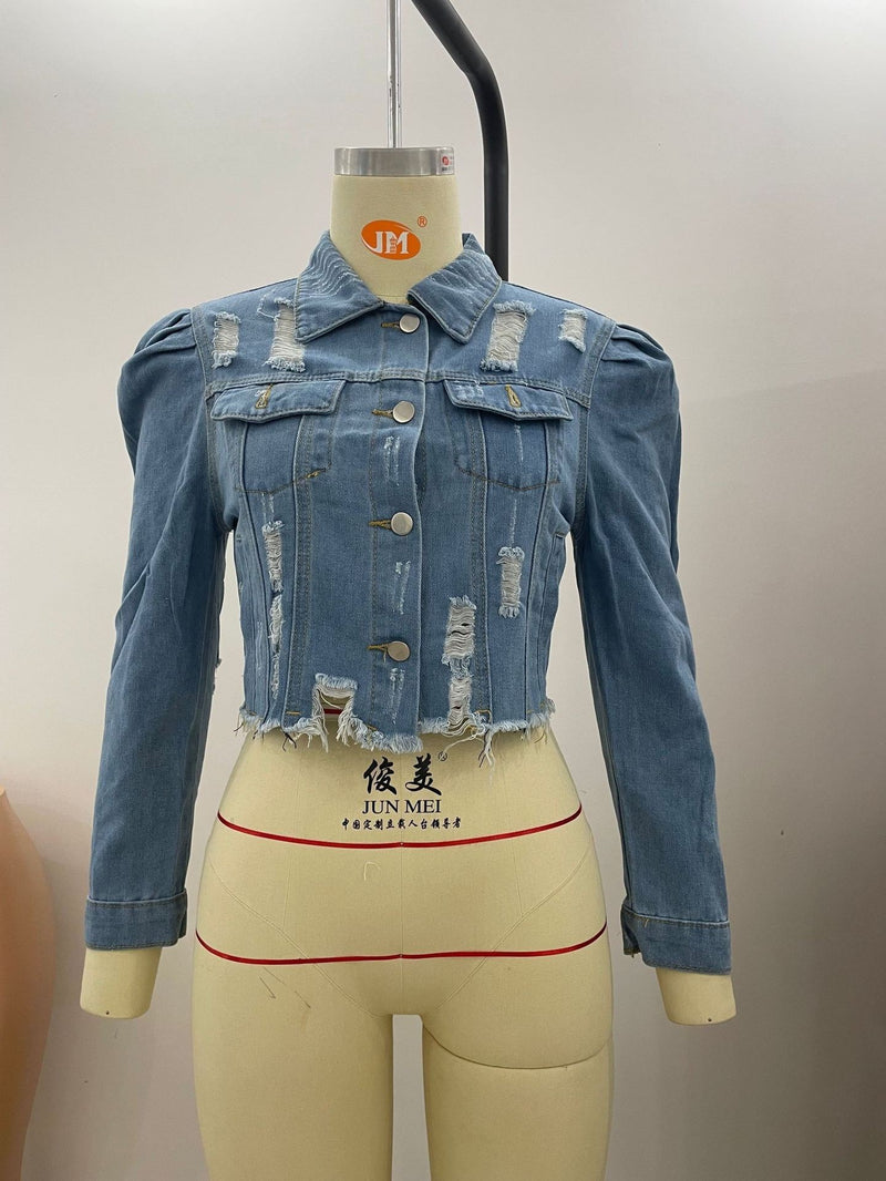 Ripped Bubble Sleeve Denim Jacket GQDH 911