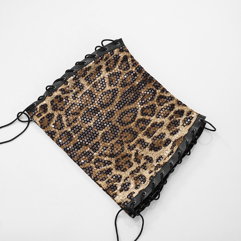Leopard Sequin Split Tie Up Skirts GDSF J25SK032