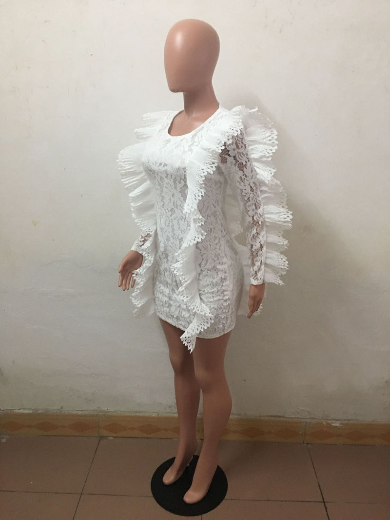 Long Sleeve Ruffles Bodycon Lace Dress LX 3081
