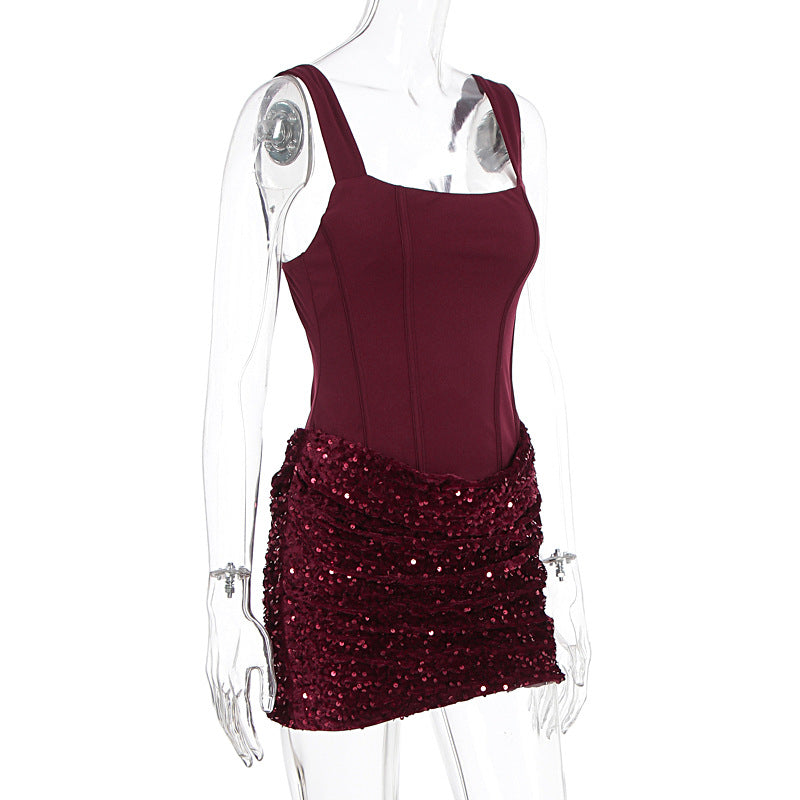 Sequin Patchwork Sling Mini Dress GWSD D1995142