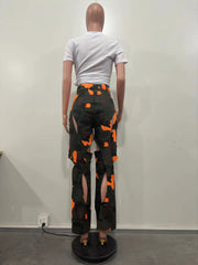 Camouflage Print Holes Cross Straight Pants OD 8600