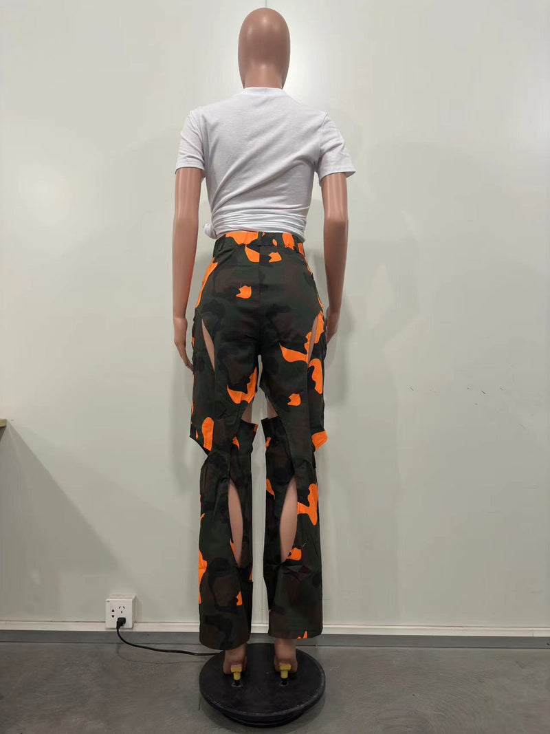 Camouflage Print Holes Cross Straight Pants OD 8600