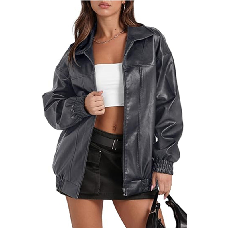 Long Sleeve Collared Zipper PU Leather Jacket GYOU CX830