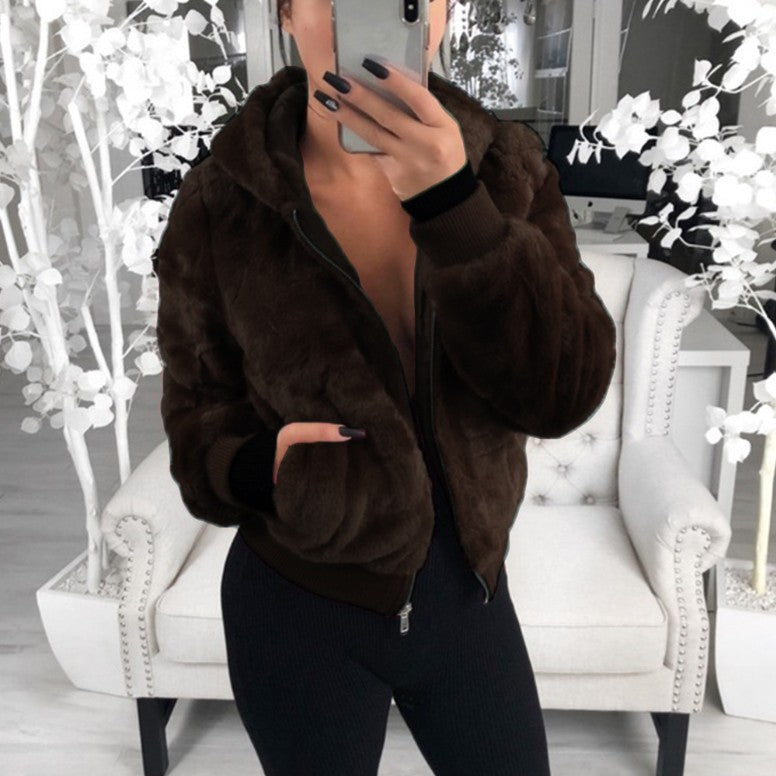 Fashion Solid Color Hooded Loose Plush Jacket GLYY 6001