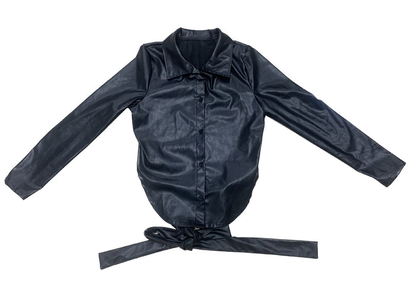 PU Leather Backless Tie Knot Long Sleeve Top LSD 81096