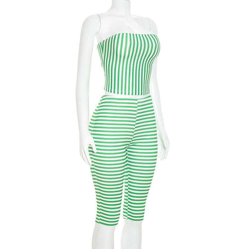 Stripe Print Warp Chest Top Seventh Pants Suit MXBF J26ST301