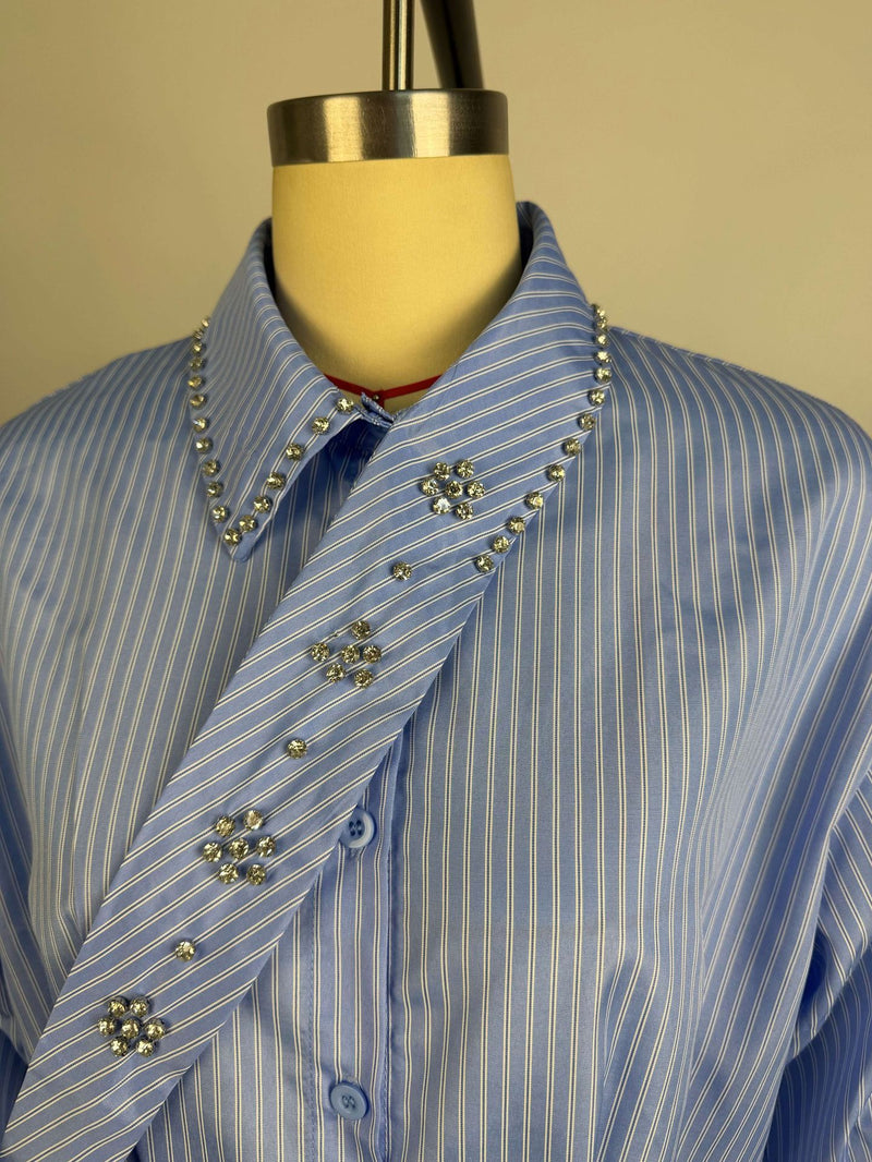 Diamond Studded Sriped Long Seeve Shirt GCNE 75694