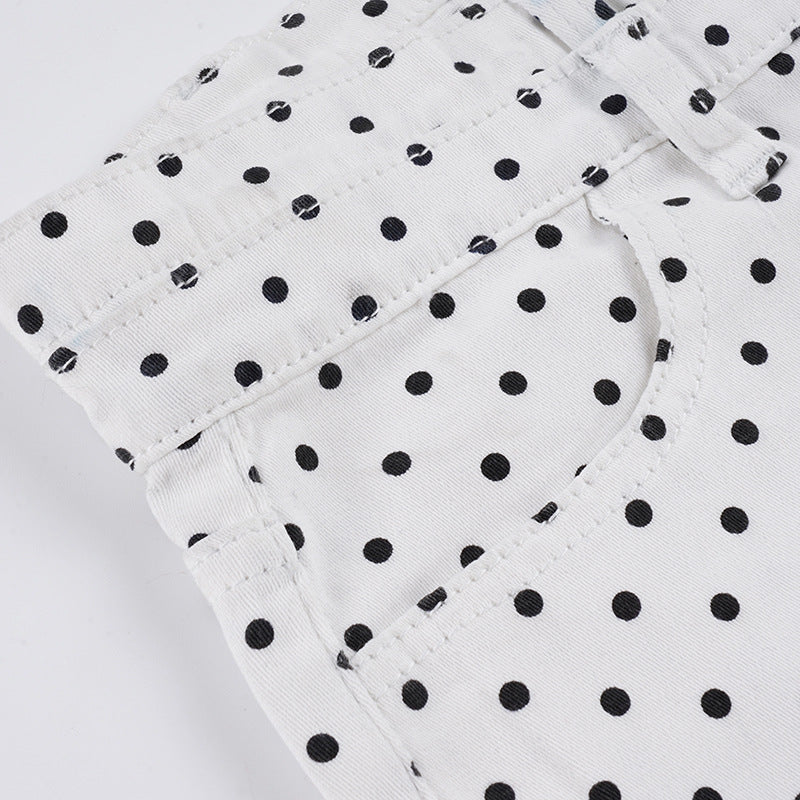 Polka Dots Print Denim Shorts GPKJ MR48798