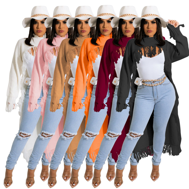 Solid Knitted Tassel Long Sleeve Irregular Sweater Top TR 1188