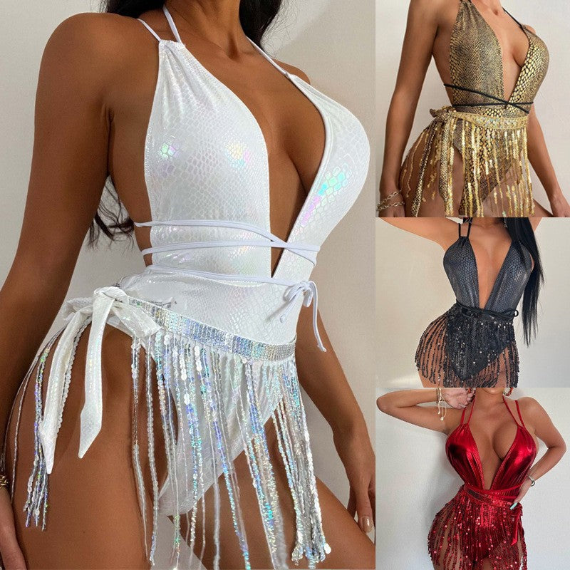 Sexy Deep V Neck Tassel One Piece Swimsuit DYSC DY22A150YYB091513