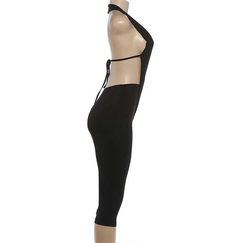 Deep V Neck Solid Color Tight Fifth Jumpsuit DLSF K6Q00634A