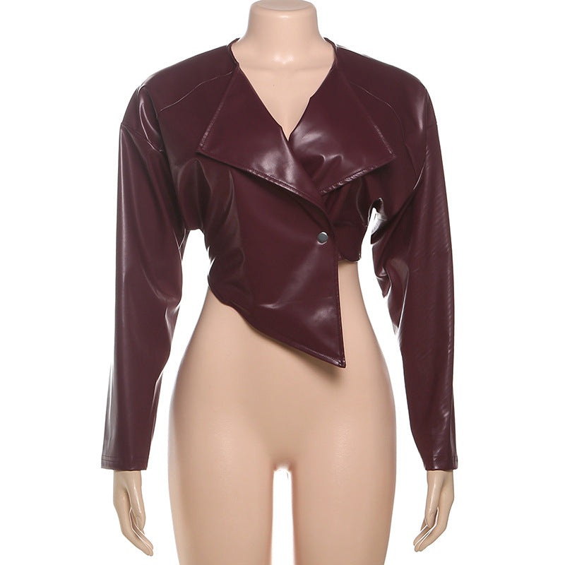 PU Leather Solid Color Irregular Coat XEF K25C77277