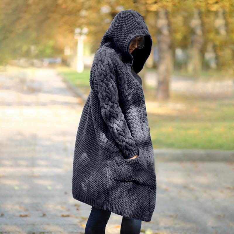 Plus Size Hooded Single Breasted Knit Long Sleeve Coat GBLH 3355