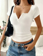 V Neck Solid Color Tops GYWO 55040