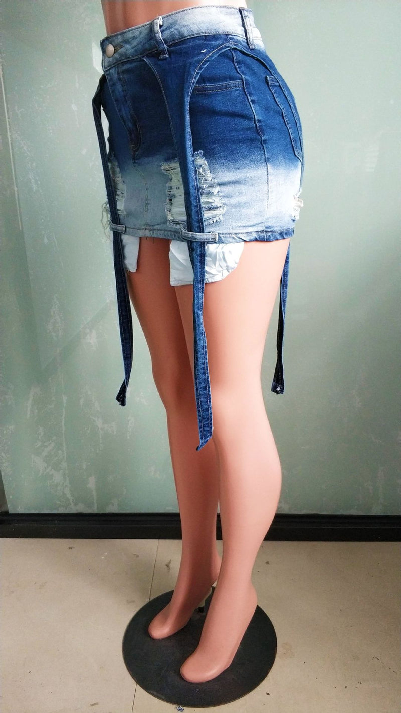 Slim Fit Ripped Fluttering Denim Skirt LX 6961