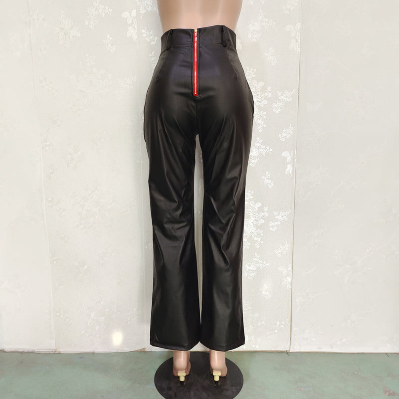 Solid Color Loose Wide Leg Leather Pants BN 313