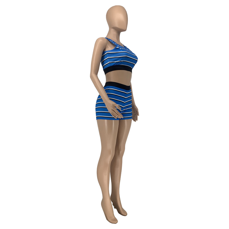 Summer Stripe Sleeveless Two Piece Shorts Set GLF 10128