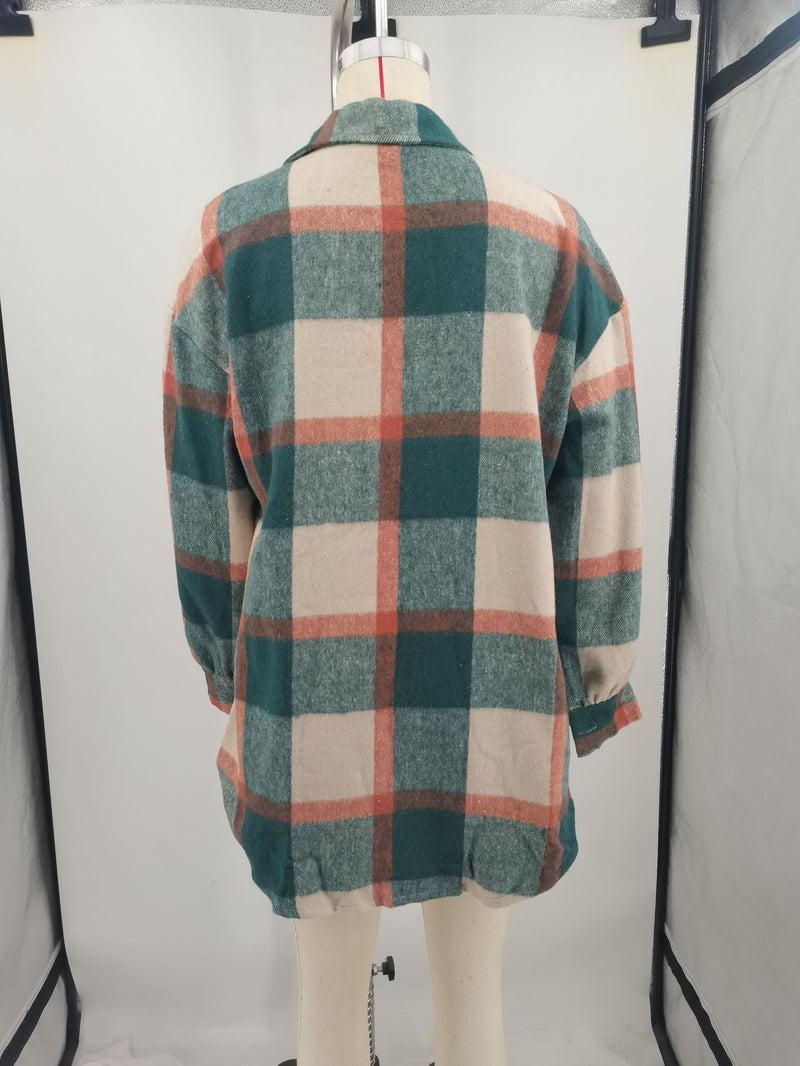 Plus Size Loose Plaid Mauney Long Sleeve Shirt Coat YIM 370