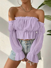 Off Shoulder Ruffles Chiffon Gathered Blouse GZYF 1012