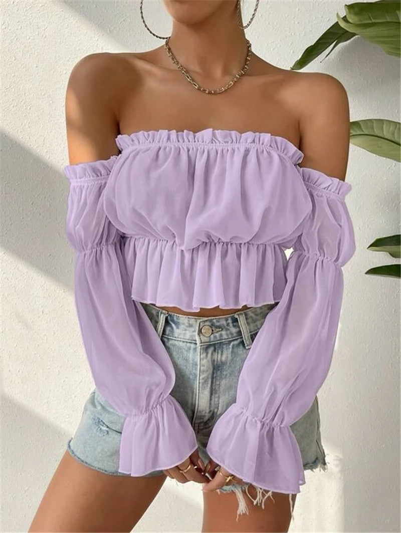 Off Shoulder Ruffles Chiffon Gathered Blouse GZYF 1012