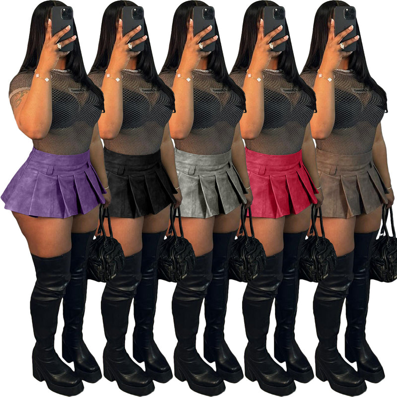 Sexy Solid Zipper PU Leather Pleated Skirt NYF 8167
