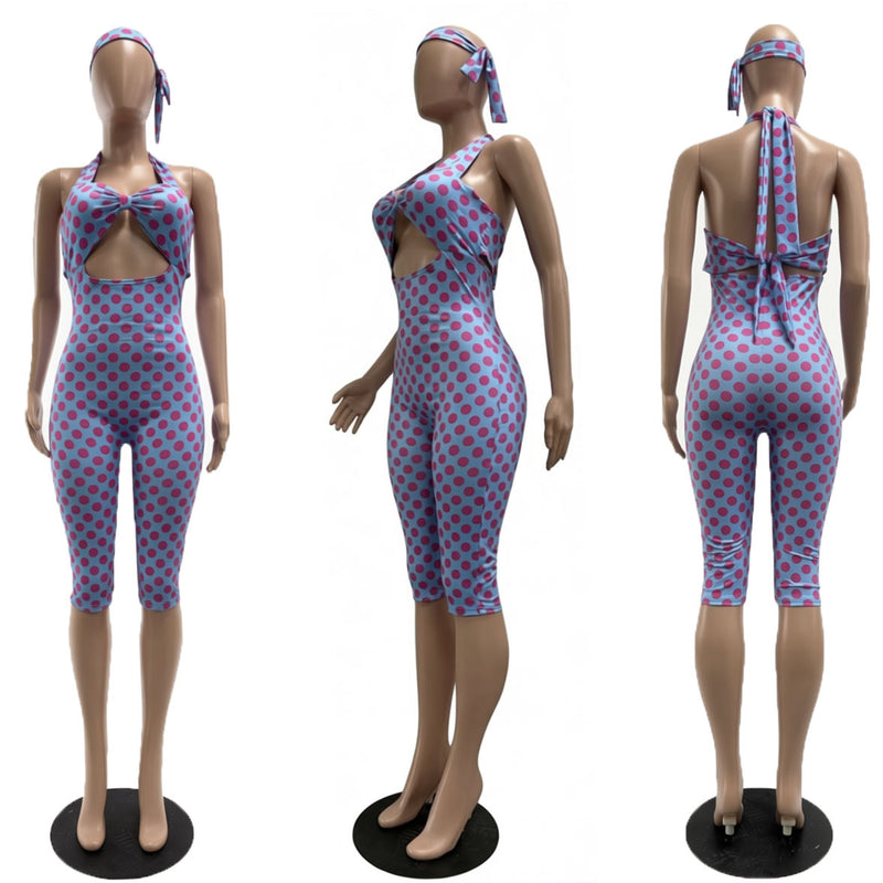 Polka Dots Print Halterneck Backless Romper With Headscarf CM 60322