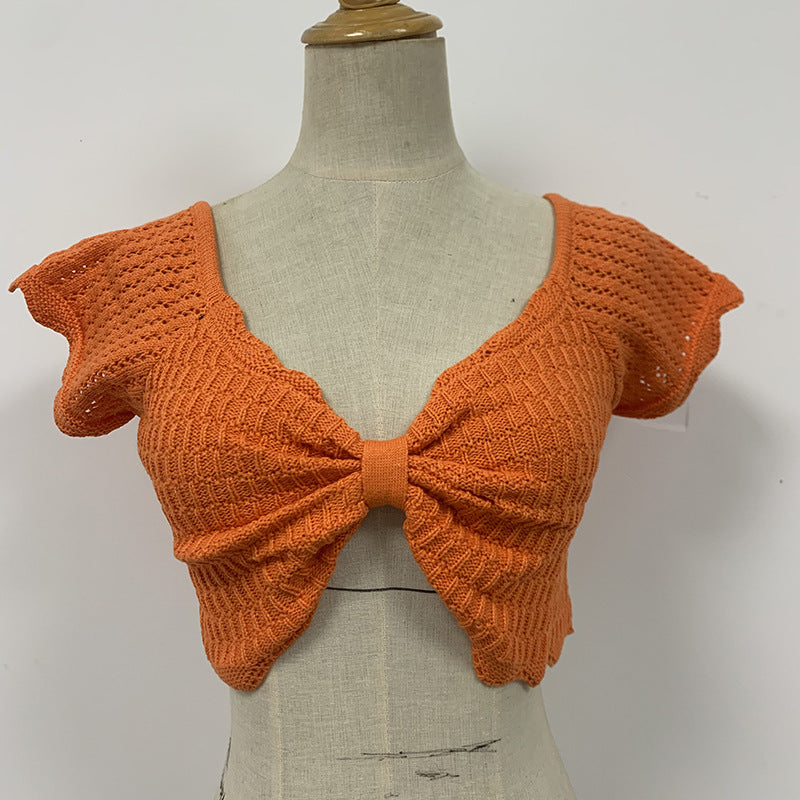 V Neck Crochet Cutout Crop Top GFQS 0513
