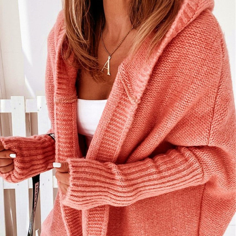 Hooded Collar Knit Bat Sleeve Loose Sweater GBLH 2101