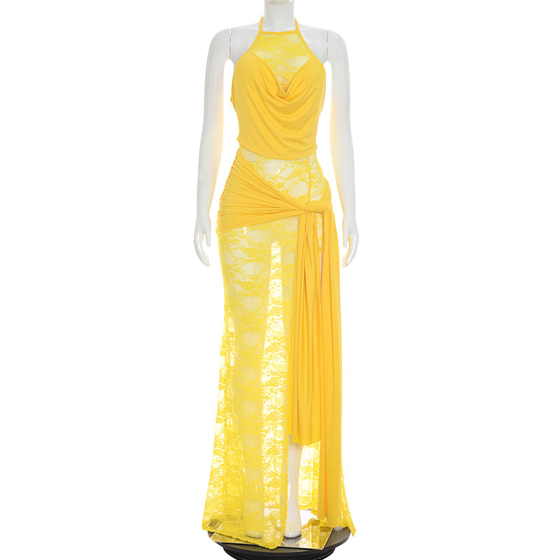 Lace Patchwork Halterneck Split Maxi Dress GDSF D26DS201