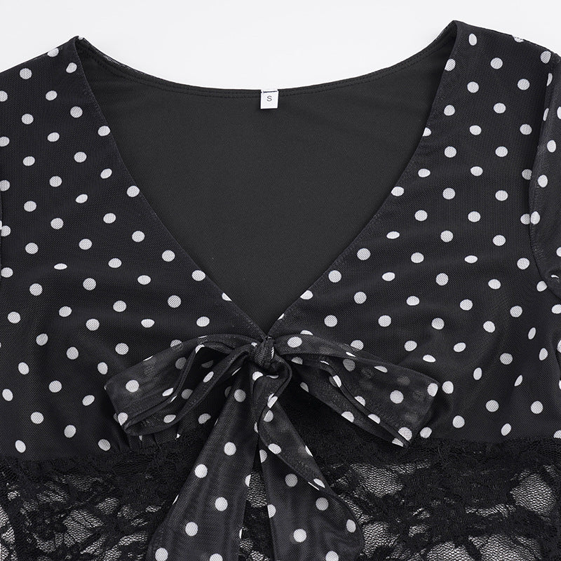 Polka Dot Print Lace Patchwork V Neck T Shirt GPKJ MR49646