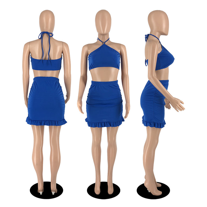 Solid Halter Crop Top Mini Skirt 2 Piece Sets YIBF 60137