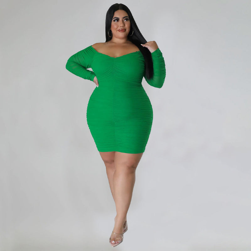 Plus Size Sexy Ruched Long Sleeve Bodycon Dress NNWF 7697