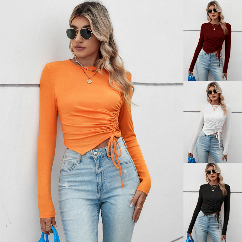 Long Sleeve Drawstring Pleated T Shirt GYSQ WCCG2820