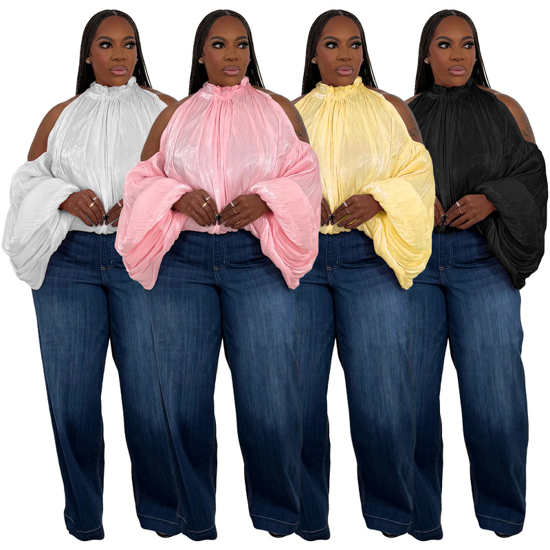 Plus Size Back tie Loose Off Shoulder Blouse NNWF 8147