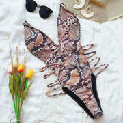 Snake Skin Print V Neck Hollow One Piece Swimsuit CASF 6101