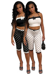Print Bow Tie Camisole Top Lace Fifth Pants Suit CH 26020