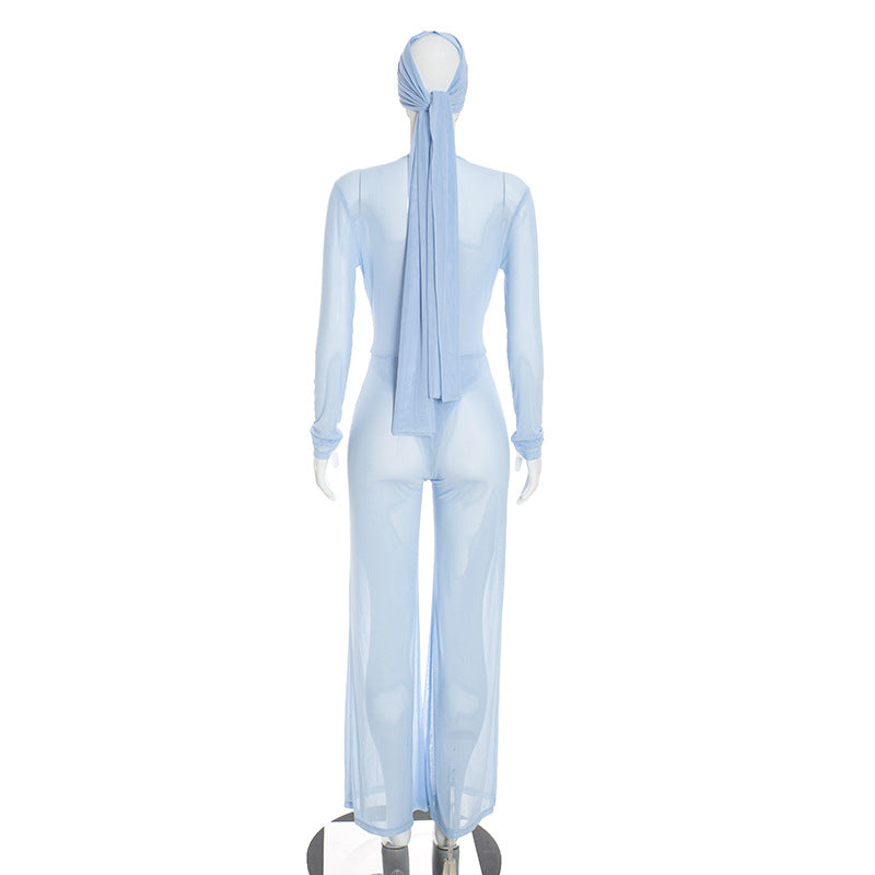 Mesh Patchwork See Through Jumpsuit With Headscarf GDSF J26JP323